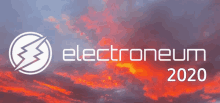 a logo for electroneum 2020 against a sunset sky