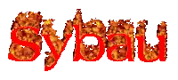 the word sybau is written in red and yellow flames