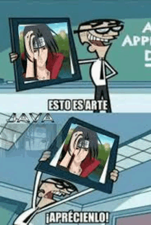 a cartoon of a man holding a picture of itachi uchiha .