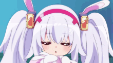 a girl with white hair and bunny ears has a pink headband on