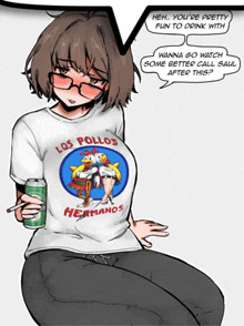 a girl wearing a los pollos hermanos t-shirt