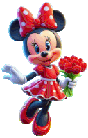 minnie mouse is wearing a red dress and holding a bouquet of red tulips