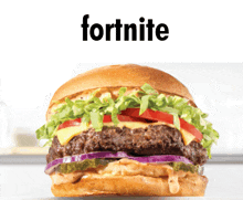 a hamburger with lettuce tomatoes and onions is displayed with the word fortnite above it