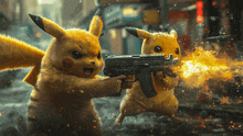 a pikachu is holding a gun that is shooting flames