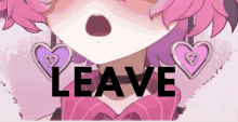 a close up of a girl with pink hair and the word leave behind her