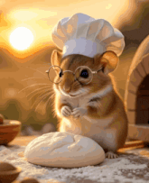 a mouse wearing a chef 's hat and glasses is sitting on a piece of dough