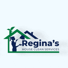 a logo for regina 's house clean services with a woman holding a duster in front of a house