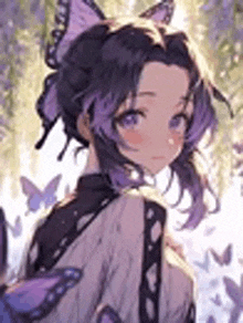 a girl with purple hair and butterfly wings is standing in front of a tree with butterflies .