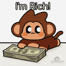 a cartoon of a monkey holding a stack of money with the words i 'm rich above it