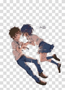 a boy and a girl are holding hands and looking at each other while flying through the air .