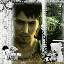a picture of a man with a teddy bear and the word amore on the bottom