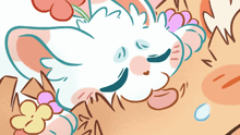 a cartoon drawing of a white rabbit with flowers on its head