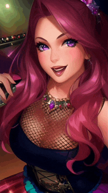 a woman with pink hair and purple eyes is wearing a necklace