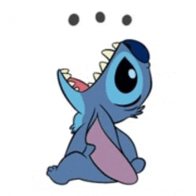 a cartoon of stitch with his mouth open and three black dots on his head .