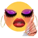 a yellow smiley face with purple eyes , red lips , hoop earrings and a hand with long nails .