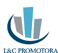 a logo for l & c promotora has a blue circle with a few buildings on it