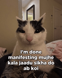 a black and white cat with a caption that says i 'm done manifesting mujh