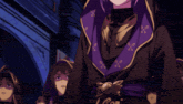 a red haired anime character wearing a black and purple jacket