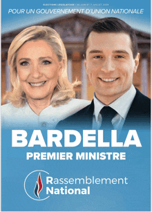 a poster for bardella premier ministre shows a man and a woman