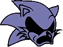 a cartoon drawing of a purple sonic the hedgehog with a black eye and a black mouth .