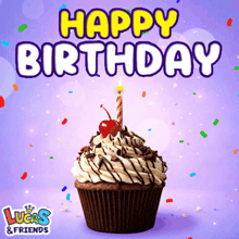 a cupcake with a candle and the words happy birthday lucas & friends below it