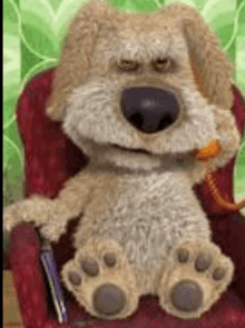 a stuffed dog is sitting in a chair with a book in its paws