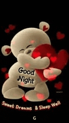 a teddy bear is hugging a heart with the words `` good night sweet dreams & sleep well '' .