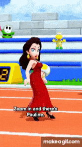 a video game character in a red dress says zoom in and there 's pauline make a gif.com