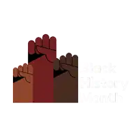 a poster for black history month with a fist in the foreground