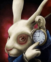 a white rabbit is holding a pocket watch that shows the time as 4:20