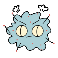 a cartoon drawing of a blue bacteria with yellow eyes and red spots