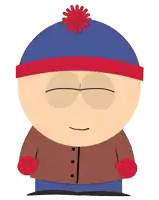 stan marsh from south park is wearing a blue hat with a red flower on top