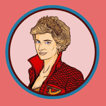 a drawing of princess diana wearing a red jacket and tiara