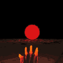 a pixel art painting of a castle with a red sun in the background .