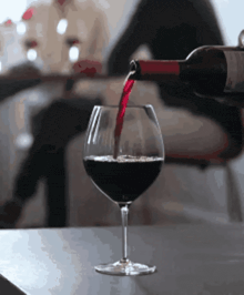 a bottle of wine is poured into a glass