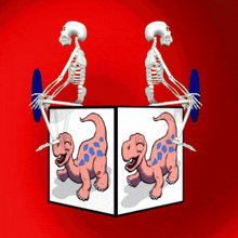 two skeletons are standing next to each other on a red background