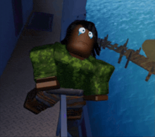 a cartoon character with a sad look on his face is standing next to a body of water