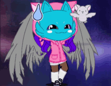 a drawing of a girl with wings and a cat mask on her face