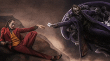 a painting of joker giving a card to another joker