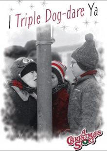 a poster for a christmas story shows three boys peeking around a pole