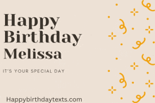 a card that says happy birthday melissa with yellow confetti