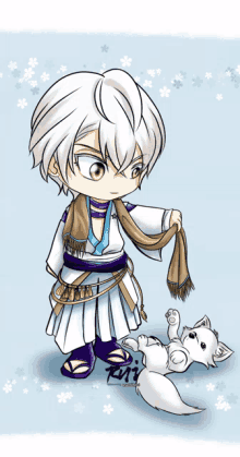 a drawing of a boy holding a scarf next to a white cat with the letters ri on the bottom right