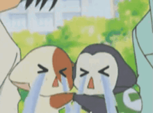 a cartoon of a dog and a penguin crying with tears running down their faces .