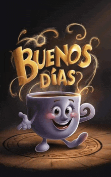 a cup of coffee with a face and the words buenos dias