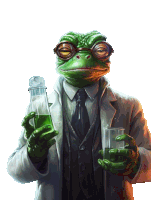 a frog in a lab coat is holding a beaker and a measuring cup