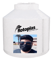 a man wearing sunglasses and a mask is on a rotoplas water container