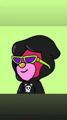 a cartoon character wearing sunglasses and a black hoodie with a skull on it .