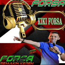 a man is holding a microphone in front of a sign that says forsa