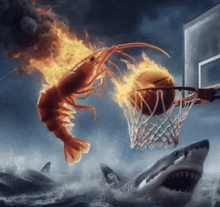 a flaming shrimp is trying to dunk a basketball into a hoop