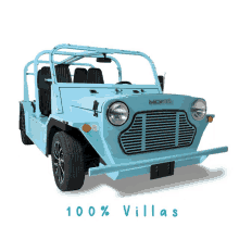 a light blue jeep with the word moke on it